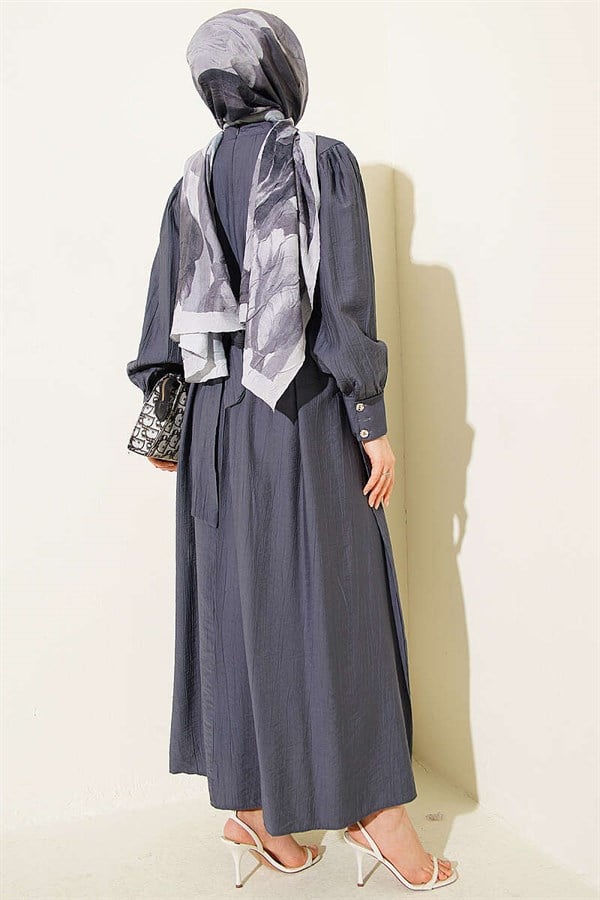 Mandarin Collar Lace Belted Dress, Dark Gray
