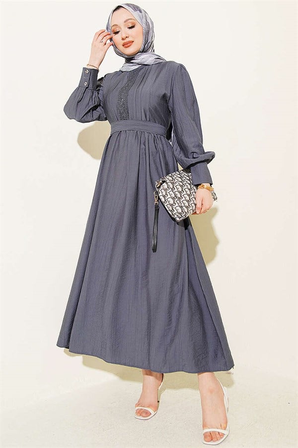 Mandarin Collar Lace Belted Dress, Dark Gray