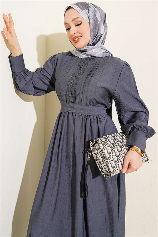 Mandarin Collar Lace Belted Dress, Dark Gray