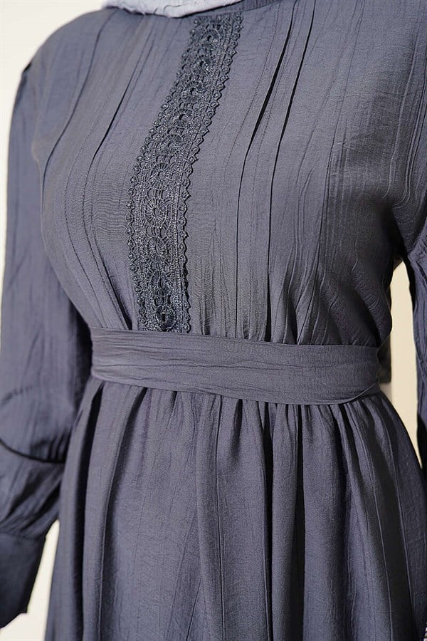 Mandarin Collar Lace Belted Dress, Dark Gray
