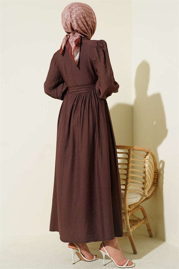Mandarin Collar Lace Belted Dress, Brown