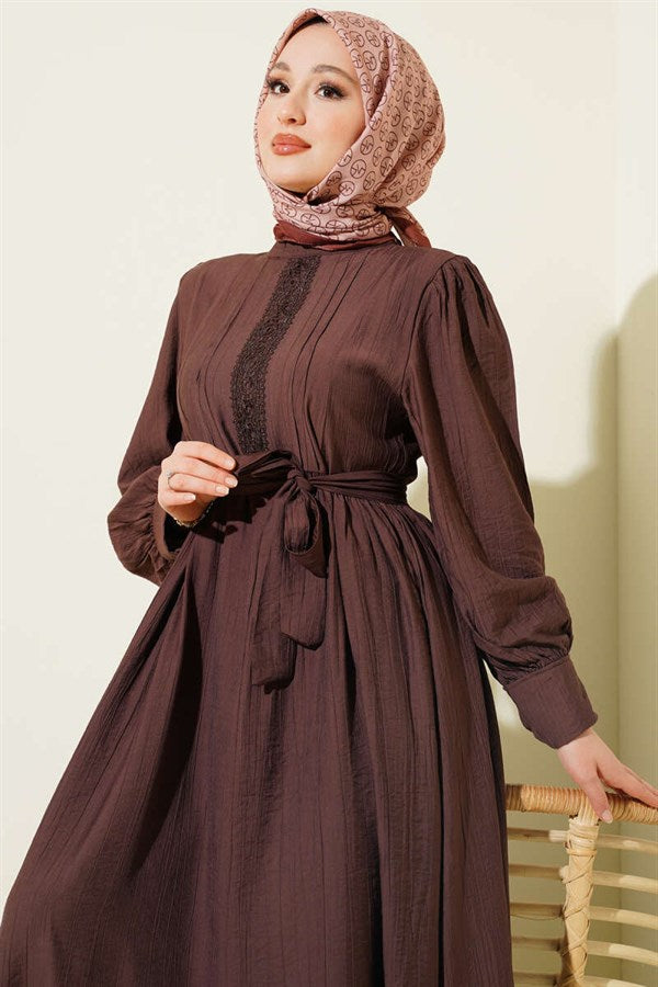 Mandarin Collar Lace Belted Dress, Brown
