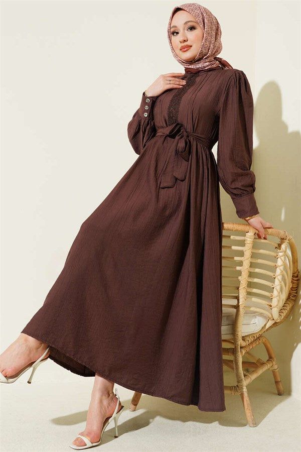 Mandarin Collar Lace Belted Dress, Brown