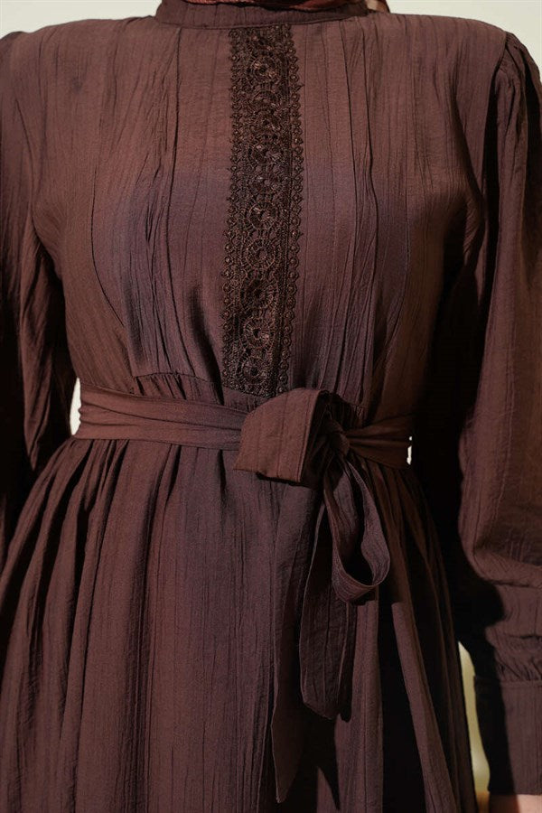 Mandarin Collar Lace Belted Dress, Brown