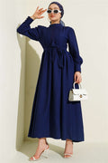 Mandarin Collar Lace Belted Dress Navy Blue