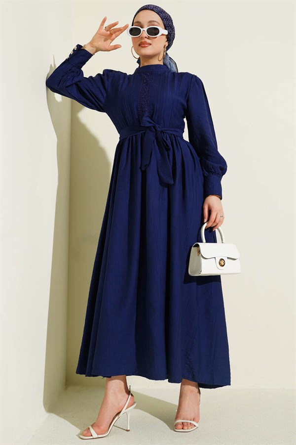 Mandarin Collar Lace Belted Dress Navy Blue