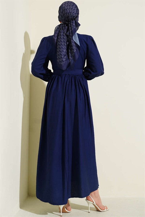Mandarin Collar Lace Belted Dress Navy Blue