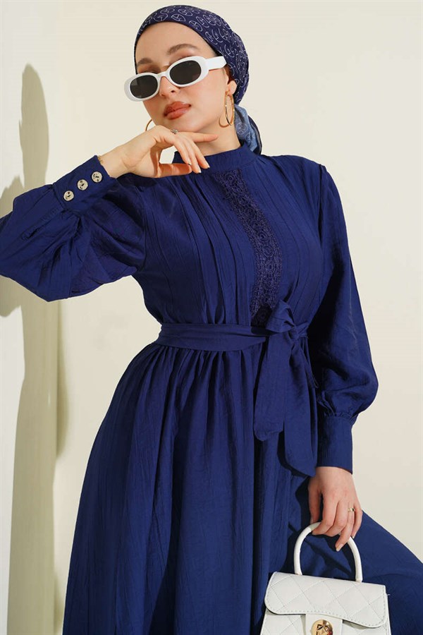 Mandarin Collar Lace Belted Dress Navy Blue