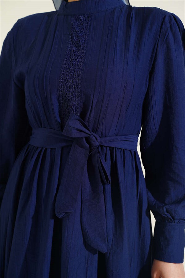 Mandarin Collar Lace Belted Dress Navy Blue