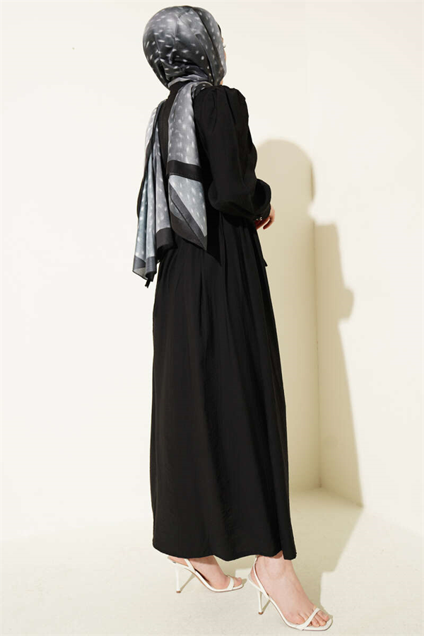 Mandarin Collar Lace Belted Dress, Black