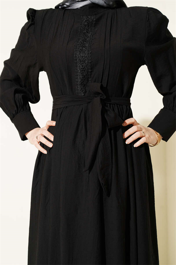 Mandarin Collar Lace Belted Dress, Black