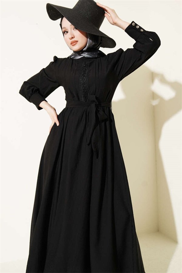 Mandarin Collar Lace Belted Dress, Black