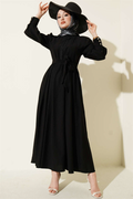 Mandarin Collar Lace Belted Dress, Black