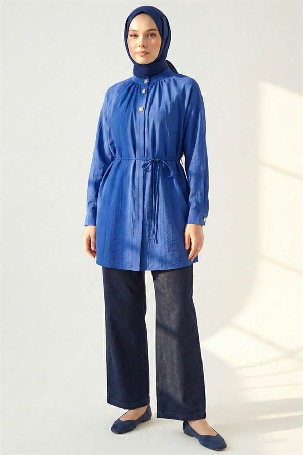 Mandarin Collar Buttonhole Shirt Sax Blue
