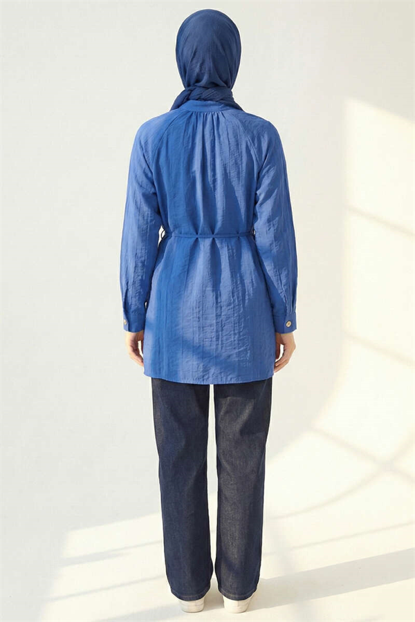 Mandarin Collar Buttonhole Shirt Sax Blue