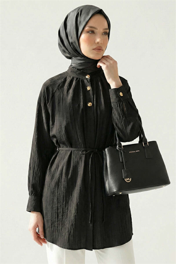Mandarin Collar Buttonhole Shirt Black