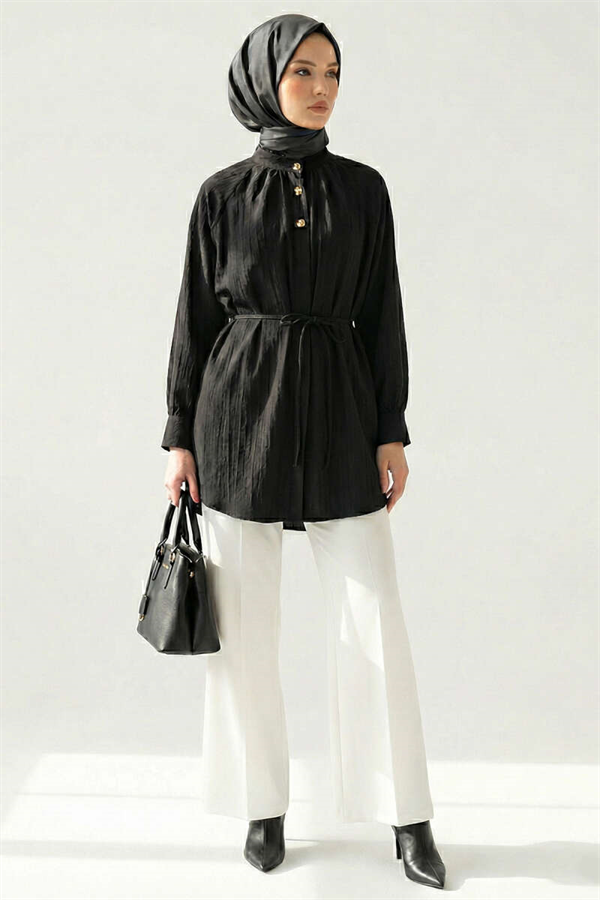 Mandarin Collar Buttonhole Shirt Black