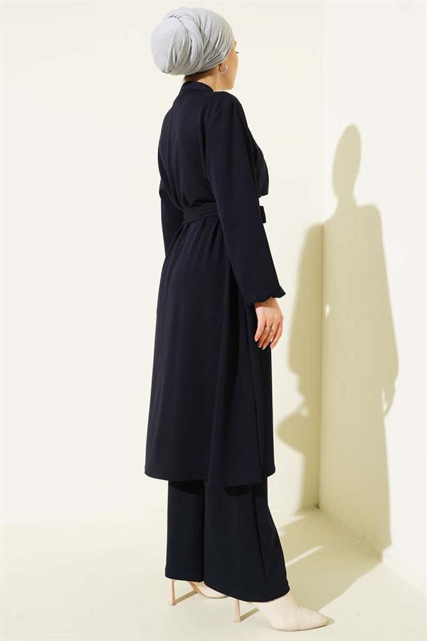 Loisha 2 Piece Set with Mandarin Collar and Cape, Navy Blue
