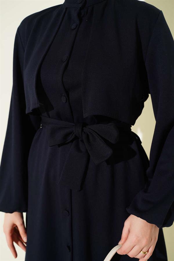 Loisha 2 Piece Set with Mandarin Collar and Cape, Navy Blue