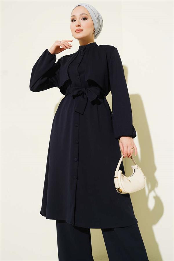 Loisha 2 Piece Set with Mandarin Collar and Cape, Navy Blue