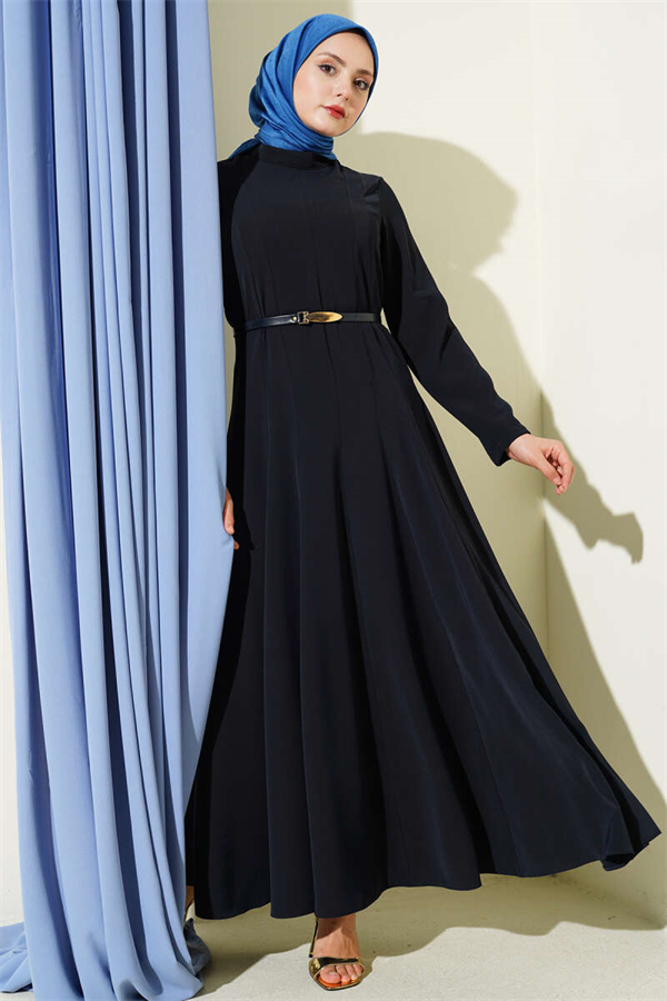 Mandarin Collar Dress with Darts and Belt, Navy Blue