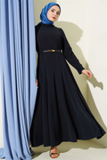 Mandarin Collar Dress with Darts and Belt, Navy Blue