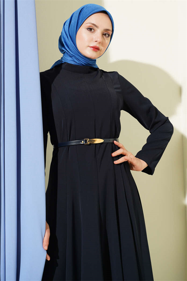 Mandarin Collar Dress with Darts and Belt, Navy Blue