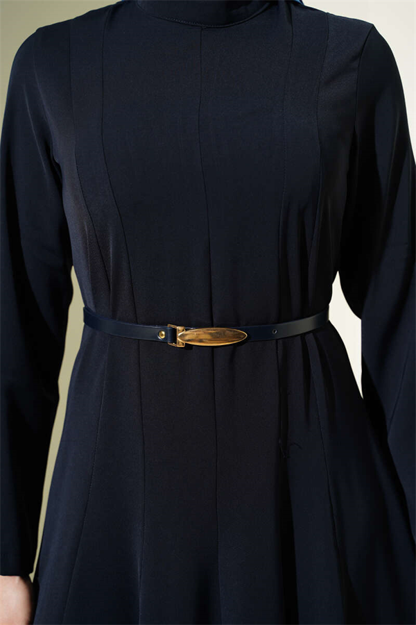 Mandarin Collar Dress with Darts and Belt, Navy Blue