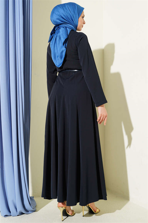 Mandarin Collar Dress with Darts and Belt, Navy Blue