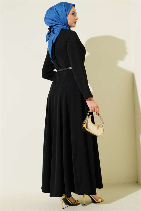 Mandarin Collar Dress with Darts and Belt, Black