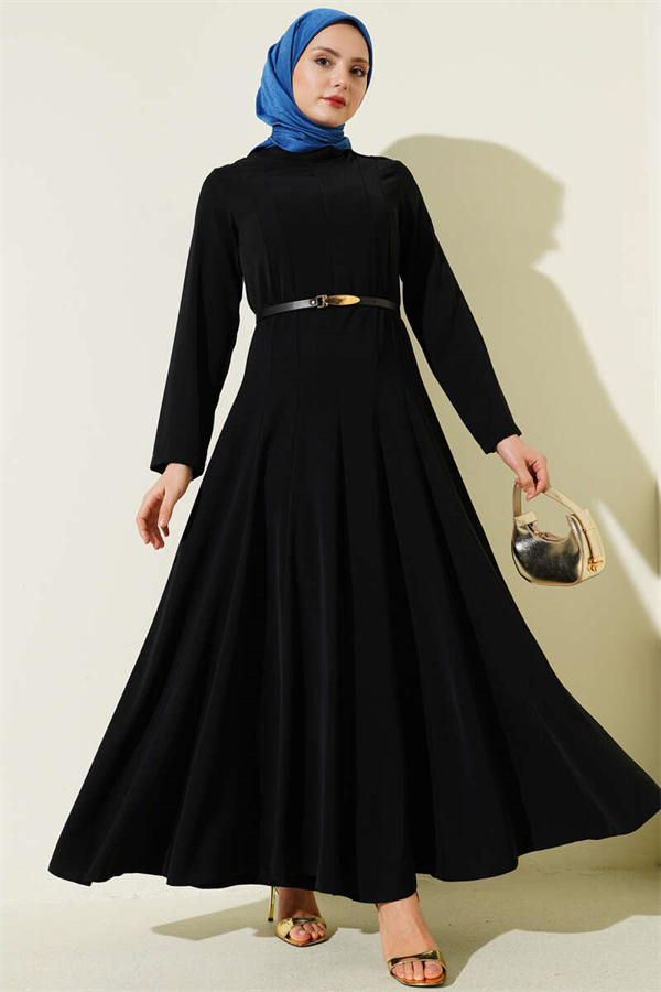 Mandarin Collar Dress with Darts and Belt, Black