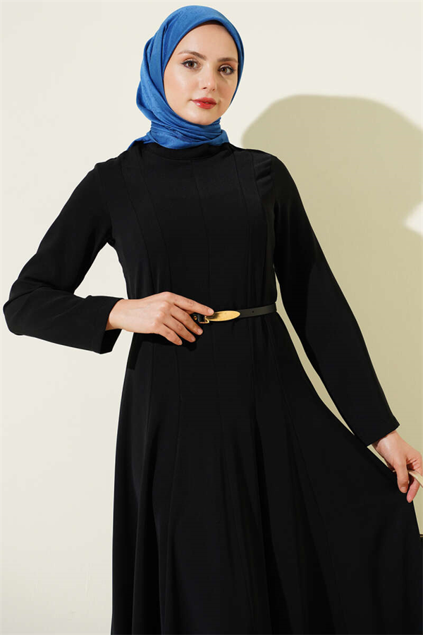Mandarin Collar Dress with Darts and Belt, Black
