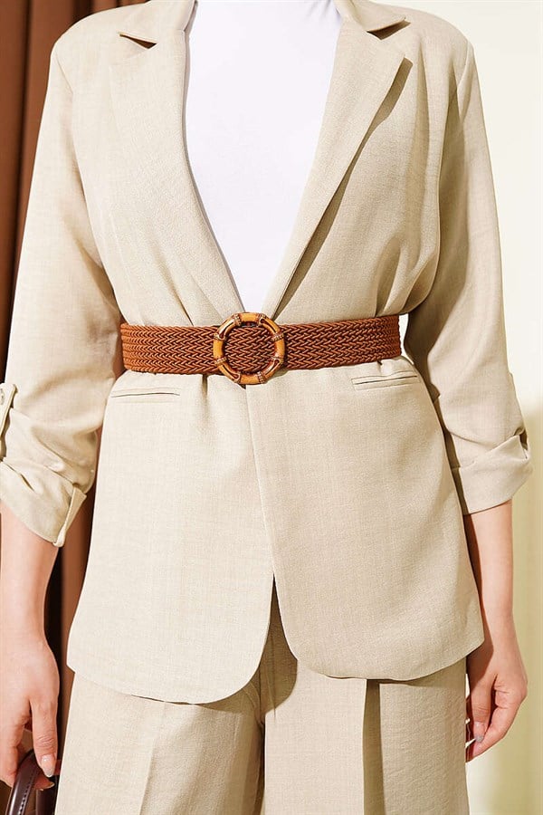 Beige 2 Piece Set with Straw Belt and Jacket