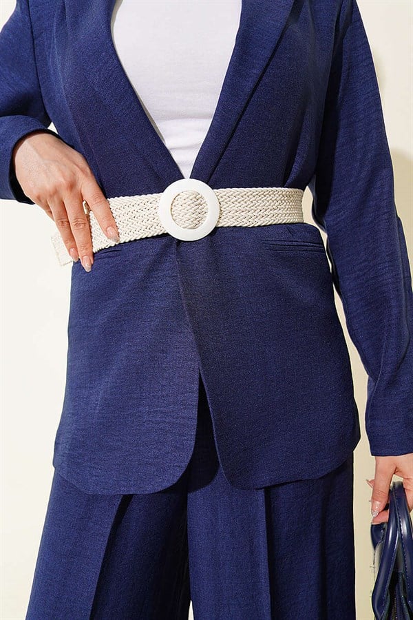 2 Piece Set with straw belt and jacket, navy blue.