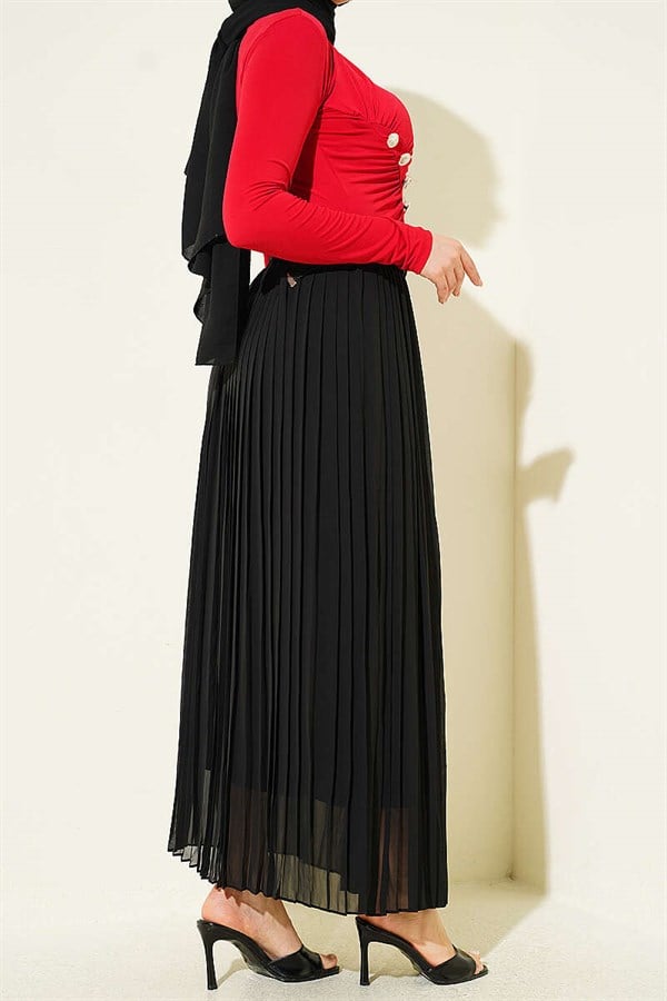 Black Pleated Tulle Skirt with Woven Belt