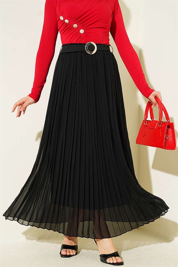 Black Pleated Tulle Skirt with Woven Belt