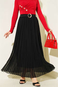 Black Pleated Tulle Skirt with Woven Belt