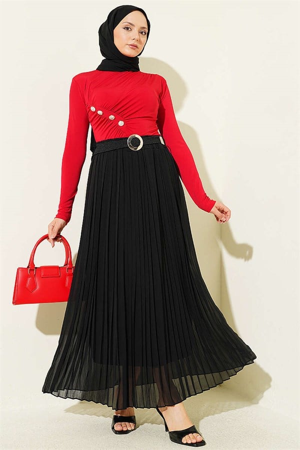 Black Pleated Tulle Skirt with Woven Belt