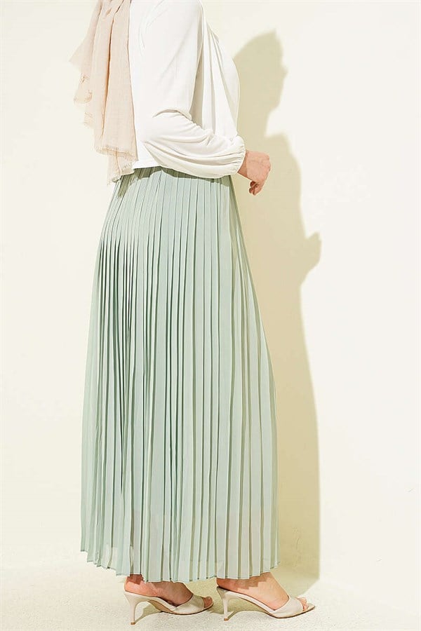 Pleated Tulle Skirt with Woven Belt, Green