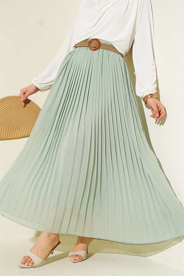 Pleated Tulle Skirt with Woven Belt, Green