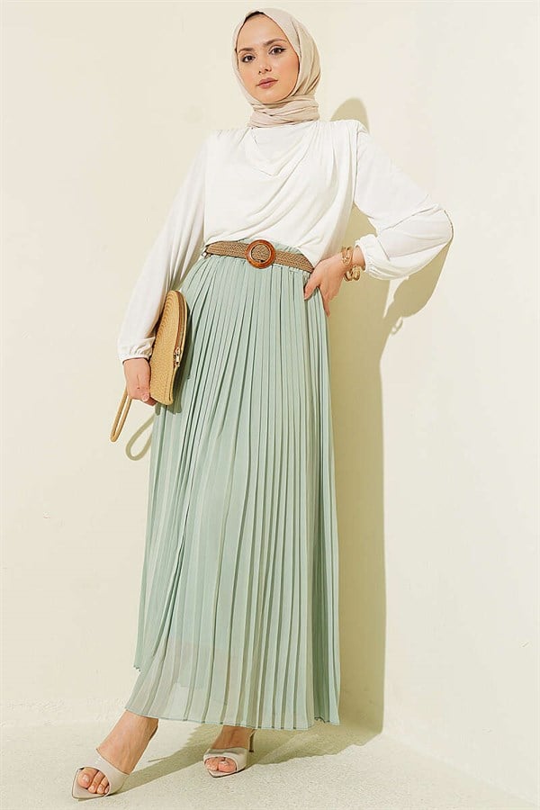 Pleated Tulle Skirt with Woven Belt, Green