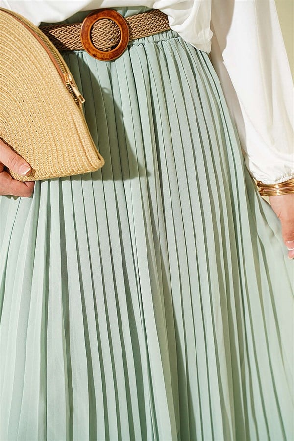 Pleated Tulle Skirt with Woven Belt, Green