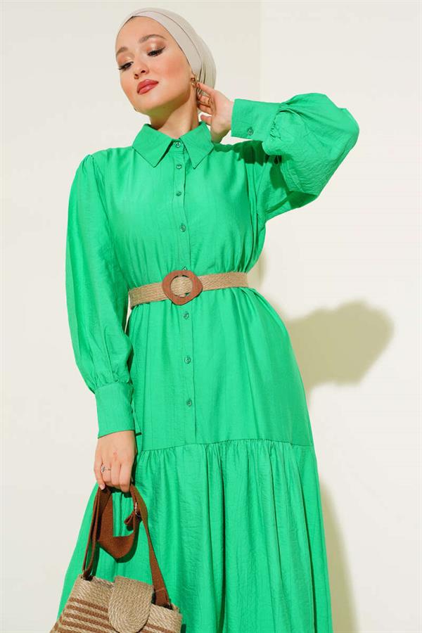 Half Buttoned Dress with Straw Belt Benetton