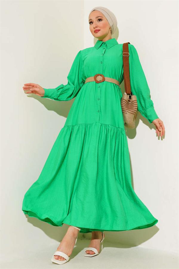 Half Buttoned Dress with Straw Belt Benetton
