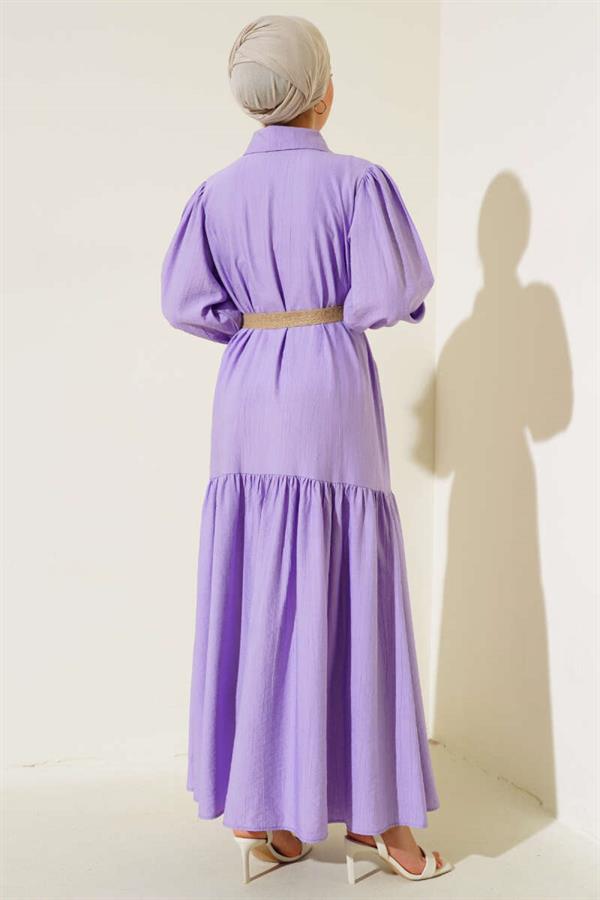 Half Buttoned Dress with Straw Belt Lilac