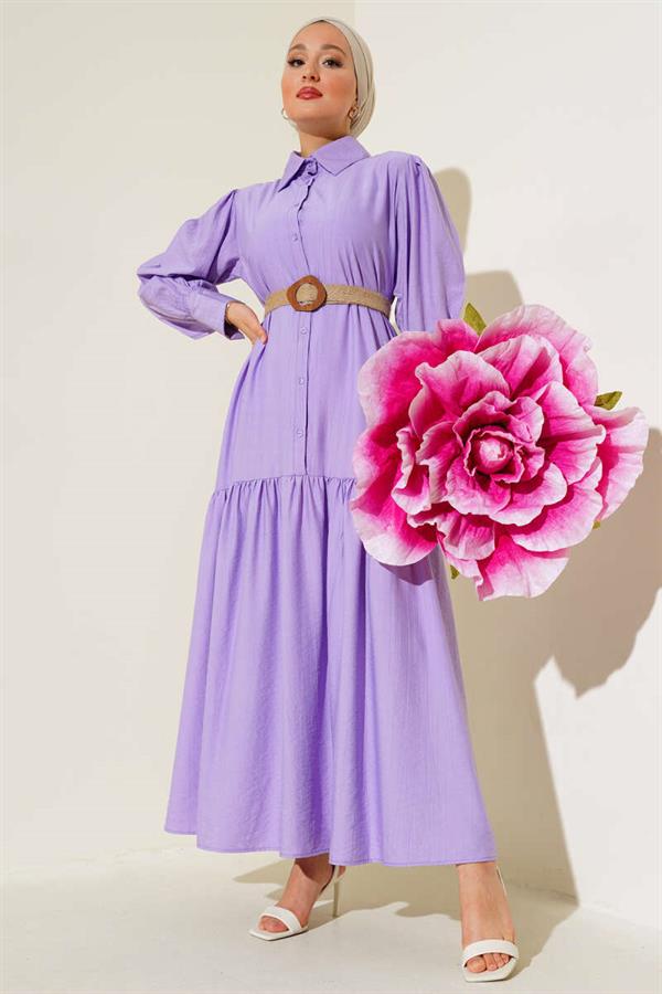 Half Buttoned Dress with Straw Belt Lilac