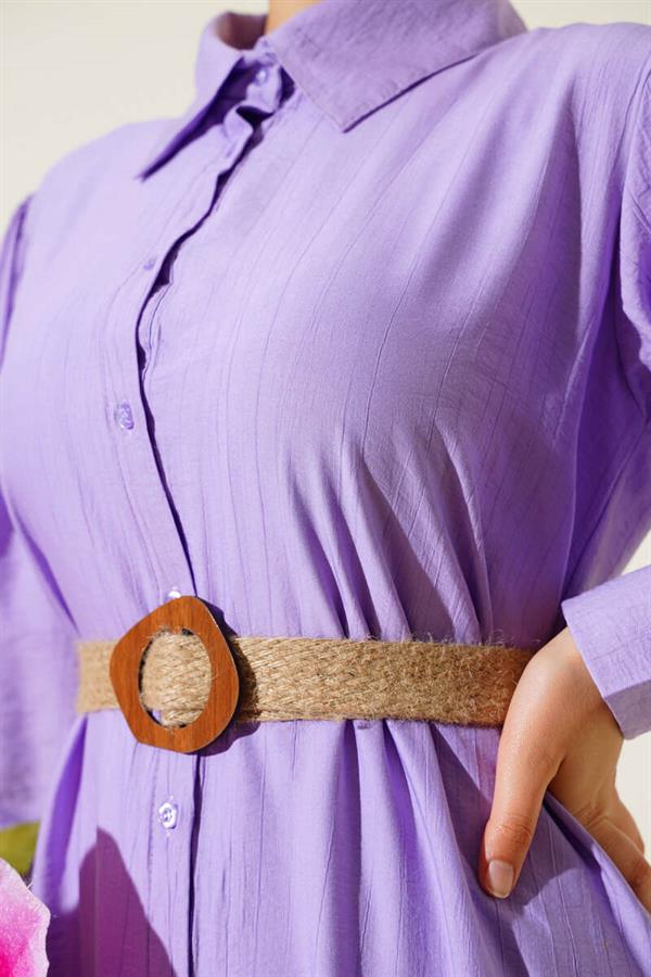 Half Buttoned Dress with Straw Belt Lilac