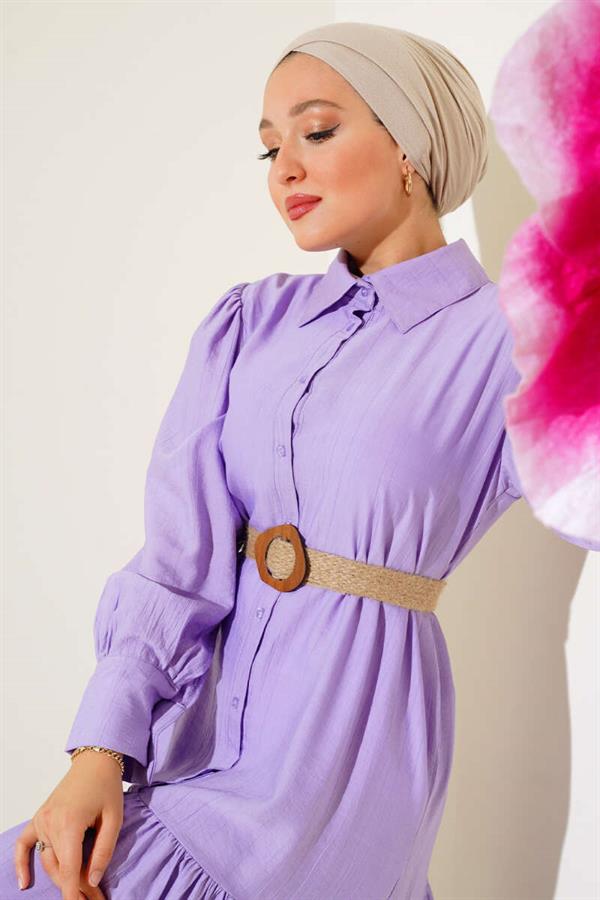 Half Buttoned Dress with Straw Belt Lilac