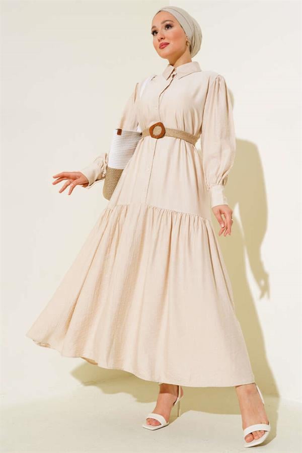 Half Buttoned Dress with Straw Belt Stone