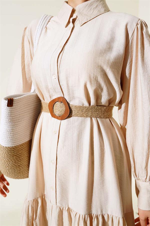 Half Buttoned Dress with Straw Belt Stone